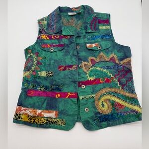 Vintage Chico’s Multicolor Embroidered Art To Wear Vest Lace Ribbon Pocket Sz 1